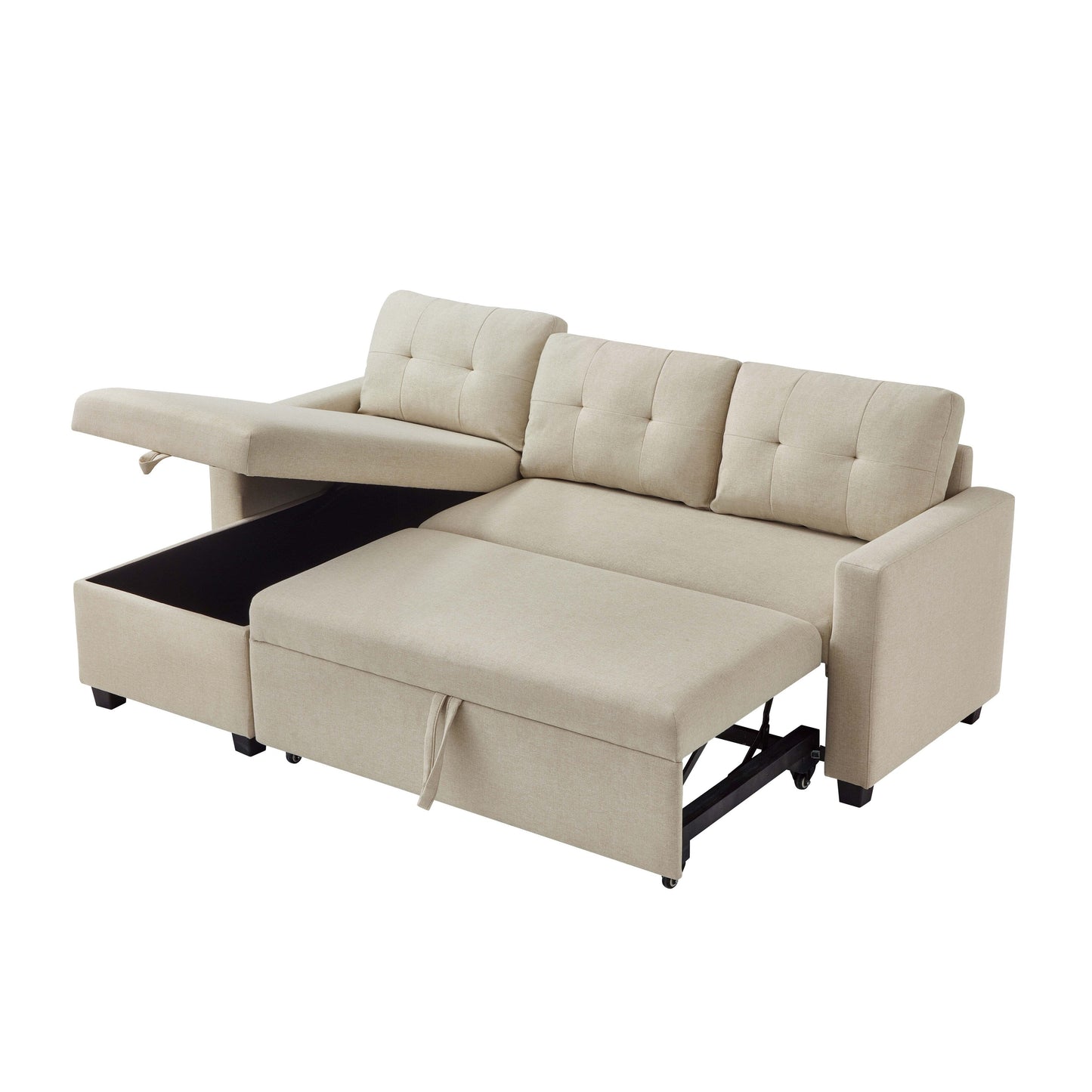 Divano letto trasformabile imbottito da 207 cm (81,5 pollici) a 3 posti con letto estraibile, chaise longue reversibile con vano portaoggetti e cuscini schienale.