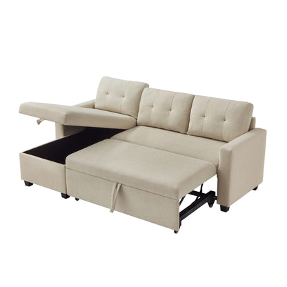 Divano letto trasformabile imbottito da 207 cm (81,5 pollici) a 3 posti con letto estraibile, chaise longue reversibile con vano portaoggetti e cuscini schienale.