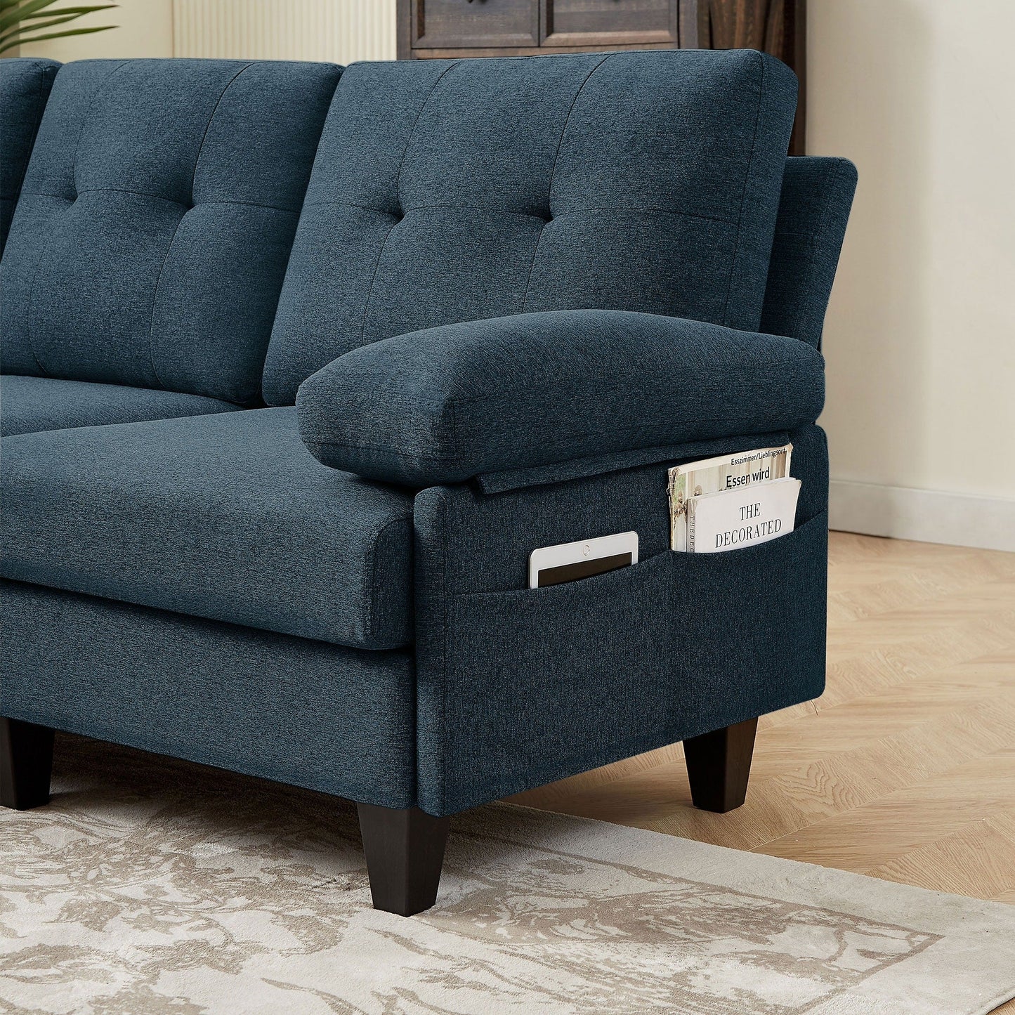 Divano componibile a L 86.22 con tasche laterali portaoggetti