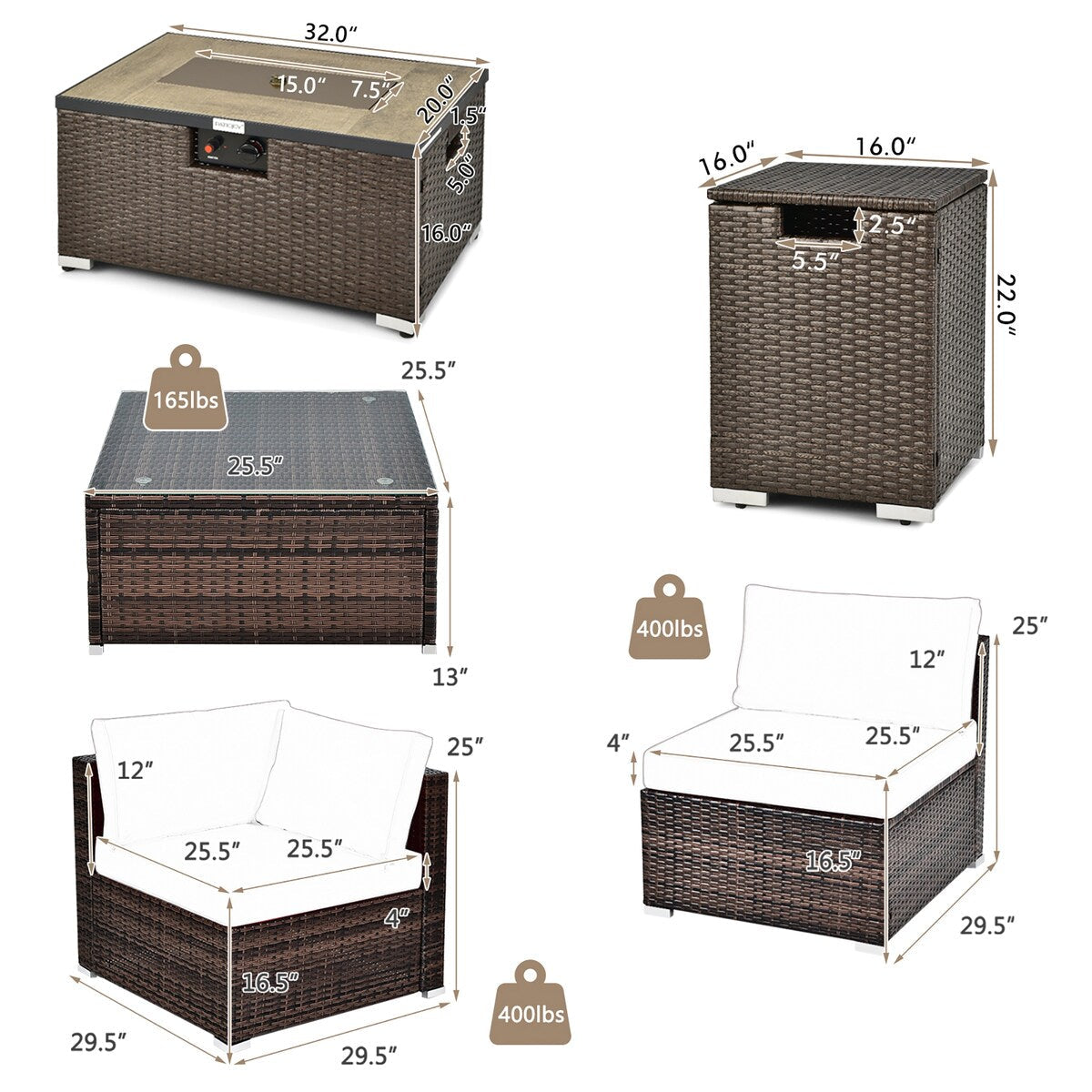 Set di 8 pezzi di mobili da giardino in vimini, con tavolino da camino e portabottiglie, copri-tavolo e copri-tavolo da veranda.