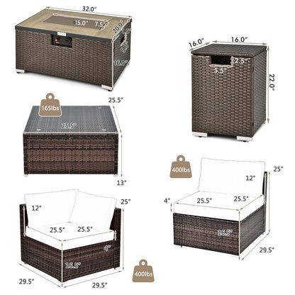 Set di 8 pezzi di mobili da giardino in vimini, con tavolino da camino e portabottiglie, copri-tavolo e copri-tavolo da veranda.