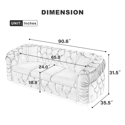 Divano 3 posti in velluto 90.6 con 2 cuscini, imbottitura ad alta densità, dettagli dorati e cuscini.