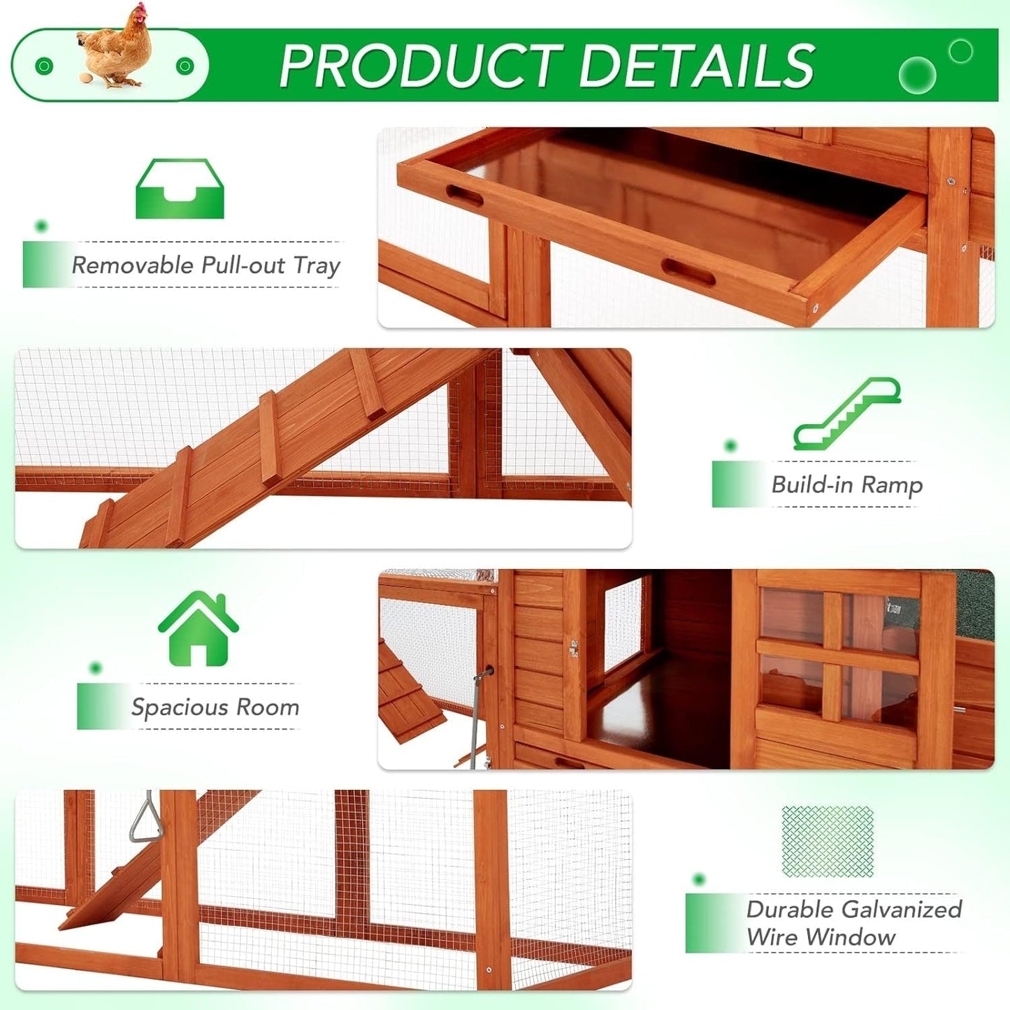 Gabbia per Polli AECOJOY 144'' Grande con Recinto, Casetta in Legno per Pollame