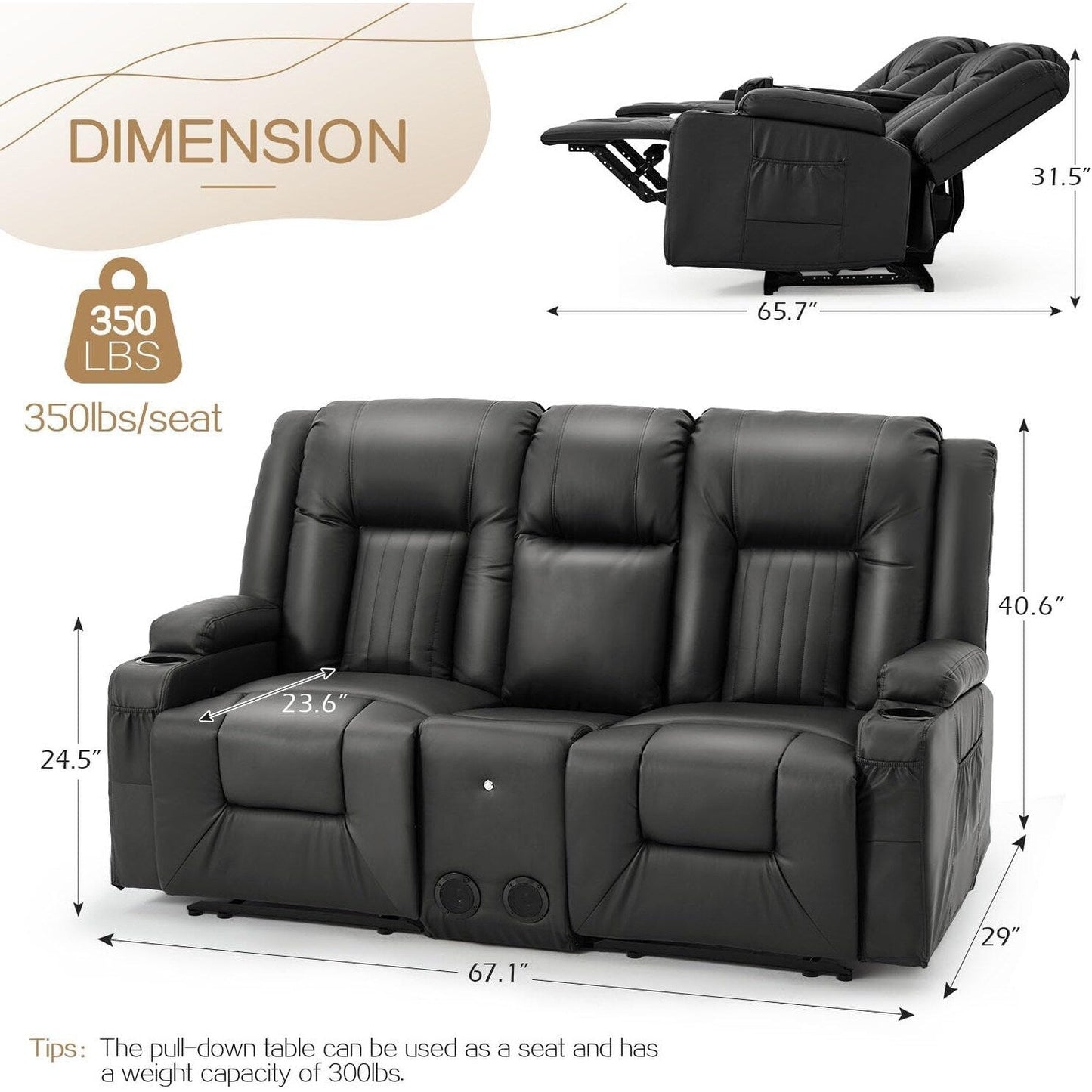 Divano Reclinabile AECOJOY, Manuale, per Camper, Divano Reclinabile in PU, con Console, per Home Theater
