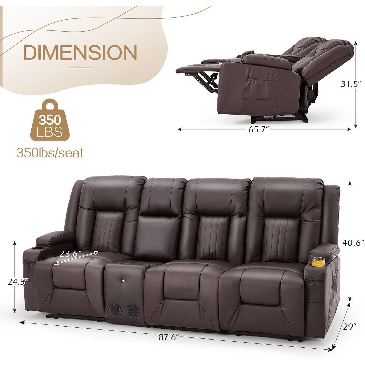 Divano Reclinabile AECOJOY, Manuale, per Camper, Divano Reclinabile in PU, con Console, per Home Theater