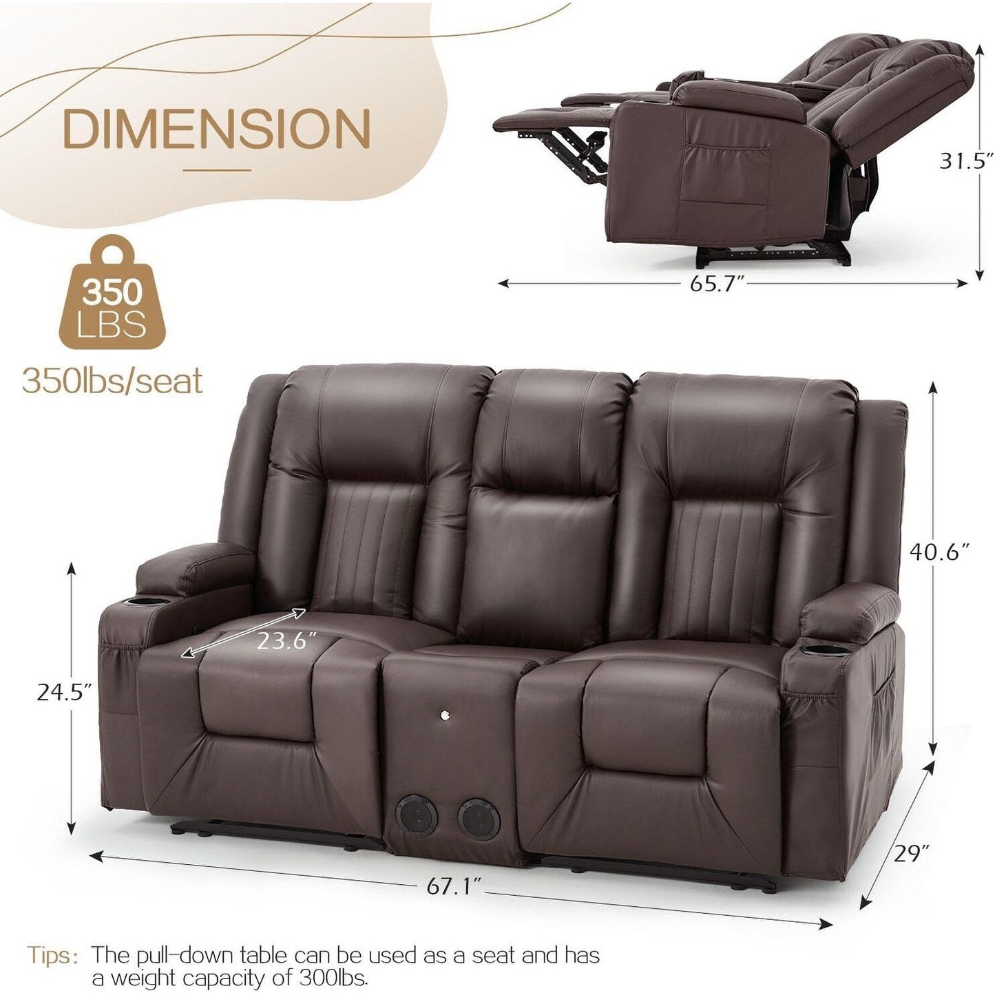 Divano Reclinabile AECOJOY, Manuale, per Camper, Divano Reclinabile in PU, con Console, per Home Theater