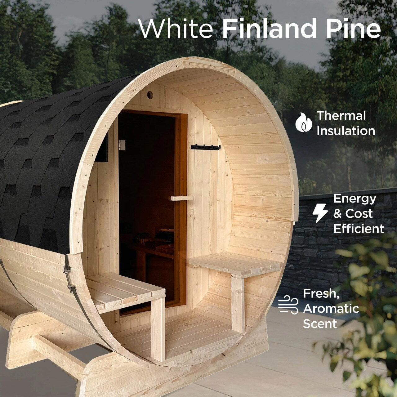 Sauna a barile ALEKO in pino finlandese bianco per 6-8 persone con riscaldatore elettrico UL - 224 x 185 x 201 cm (L x l x h)