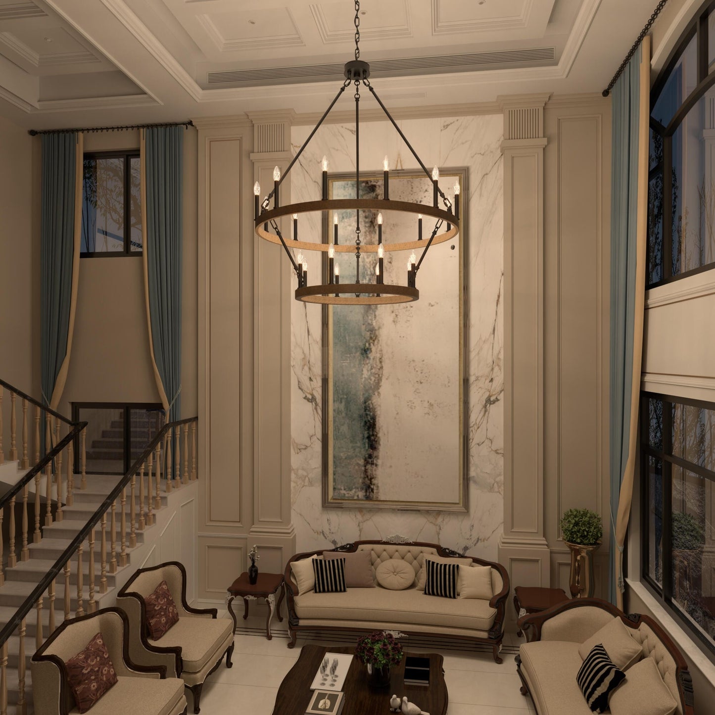 Lampadario Acroma a ruota di carro rotonda da 40 pollici, stile moderno da fattoria, a 20 luci, con certificazione UL.