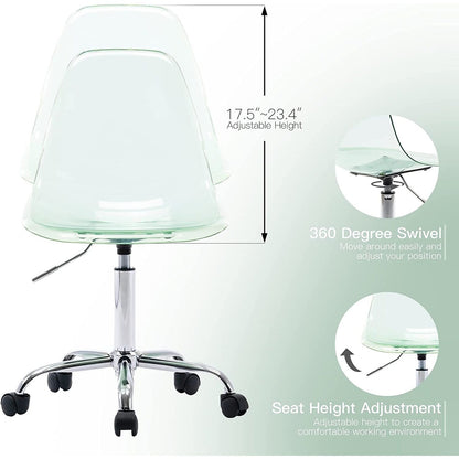 Sedia da ufficio girevole in acrilico, regolabile in altezza, senza braccioli, con ruote, per uso domestico.