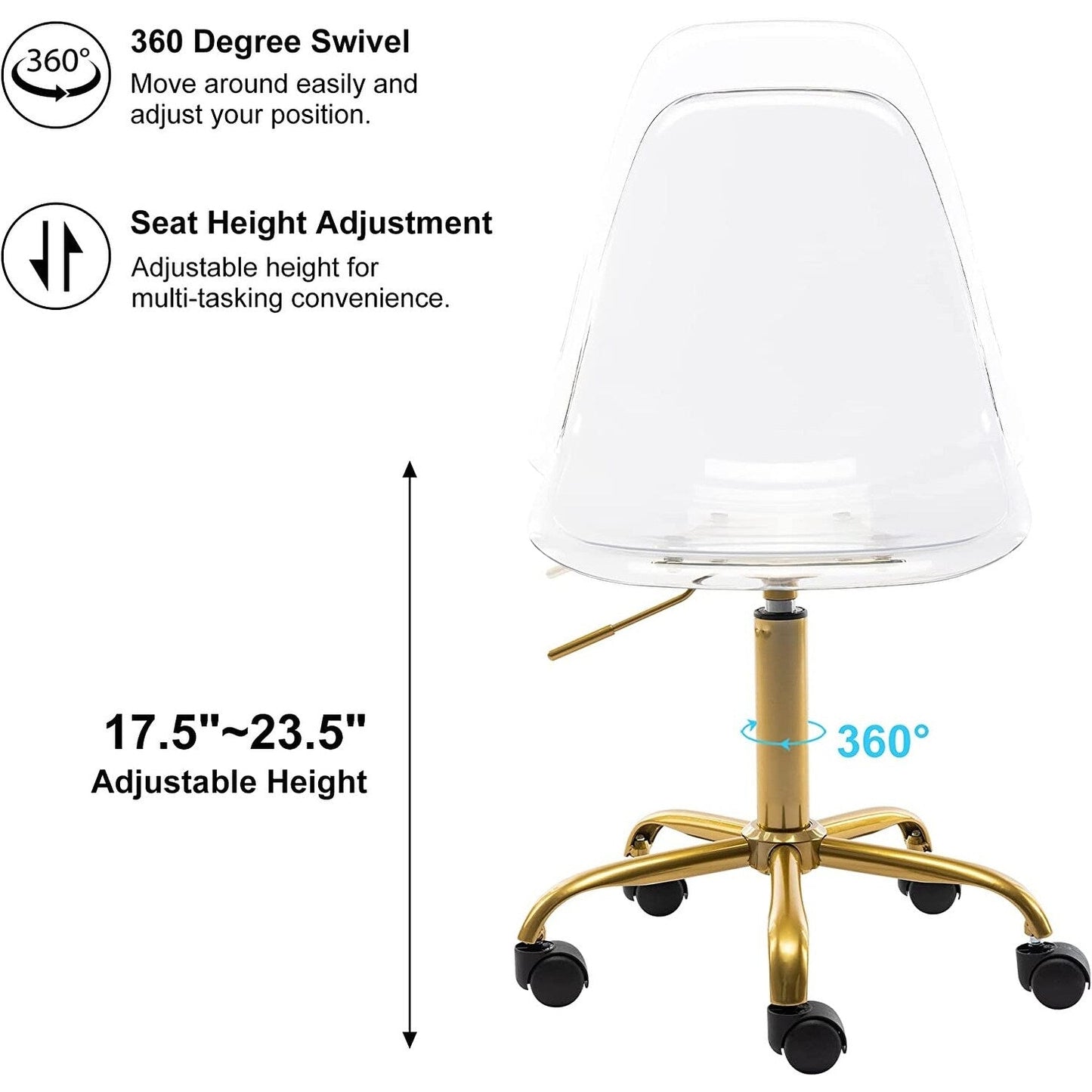Sedia da ufficio girevole in acrilico, regolabile in altezza, senza braccioli, con ruote, per uso domestico.