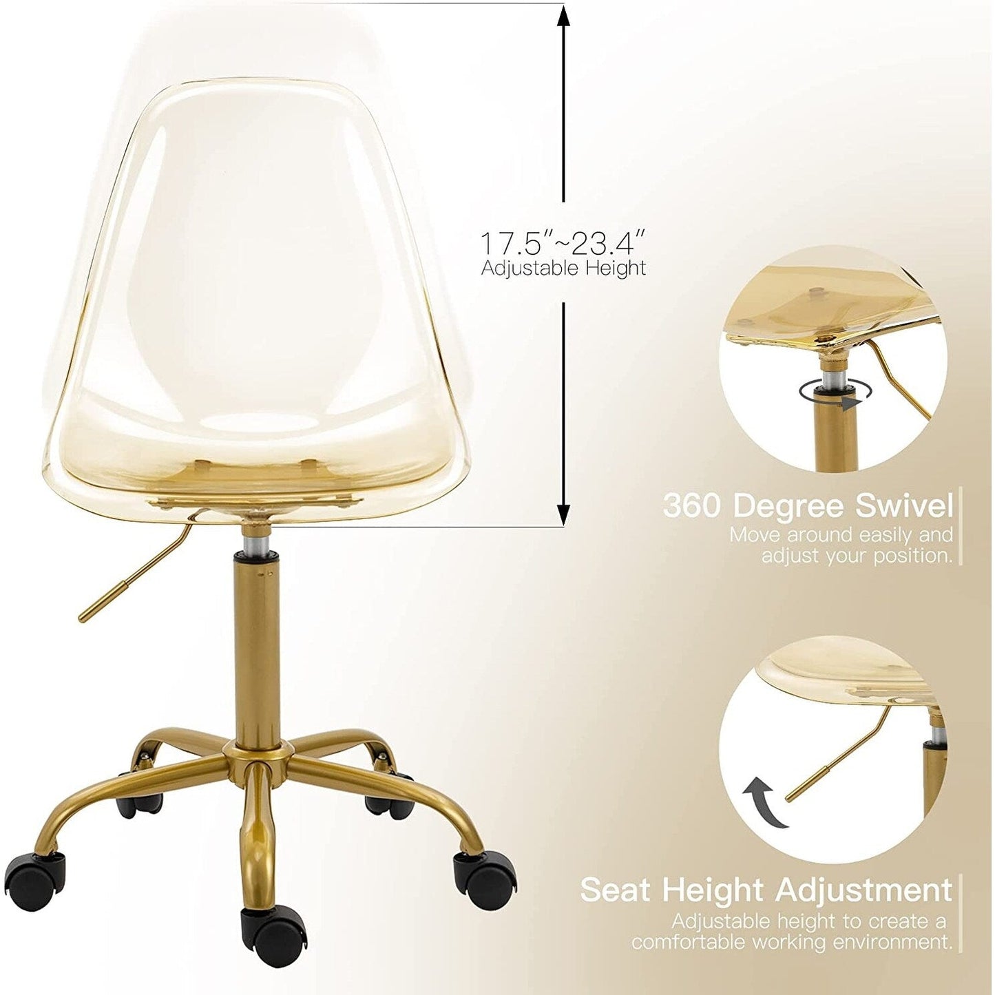 Sedia da ufficio girevole in acrilico, regolabile in altezza, senza braccioli, con ruote, per uso domestico.