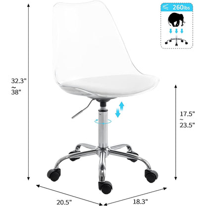 Sedia da ufficio girevole in acrilico, regolabile in altezza, senza braccioli, con ruote, per uso domestico.