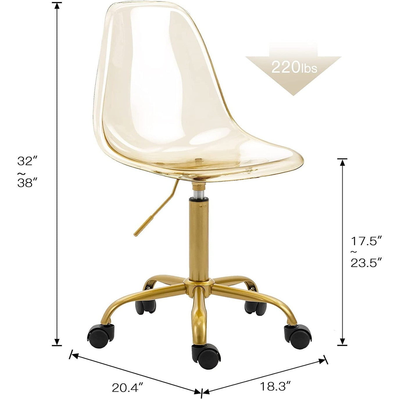 Sedia da ufficio girevole in acrilico, regolabile in altezza, senza braccioli, con ruote, per uso domestico.