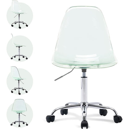 Sedia da ufficio girevole in acrilico, regolabile in altezza, senza braccioli, con ruote, per uso domestico.