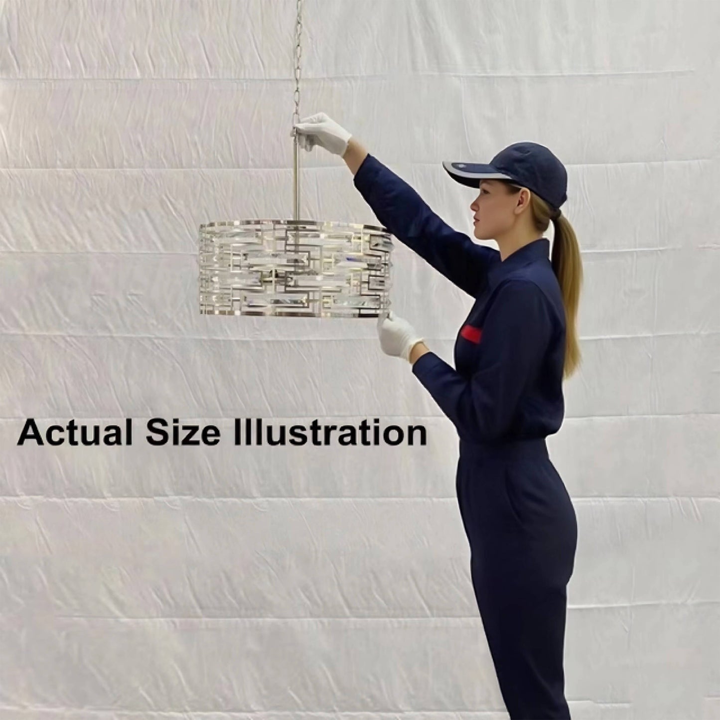 Lampadario Anita con paralume a tamburo e prisma in vetro trasparente