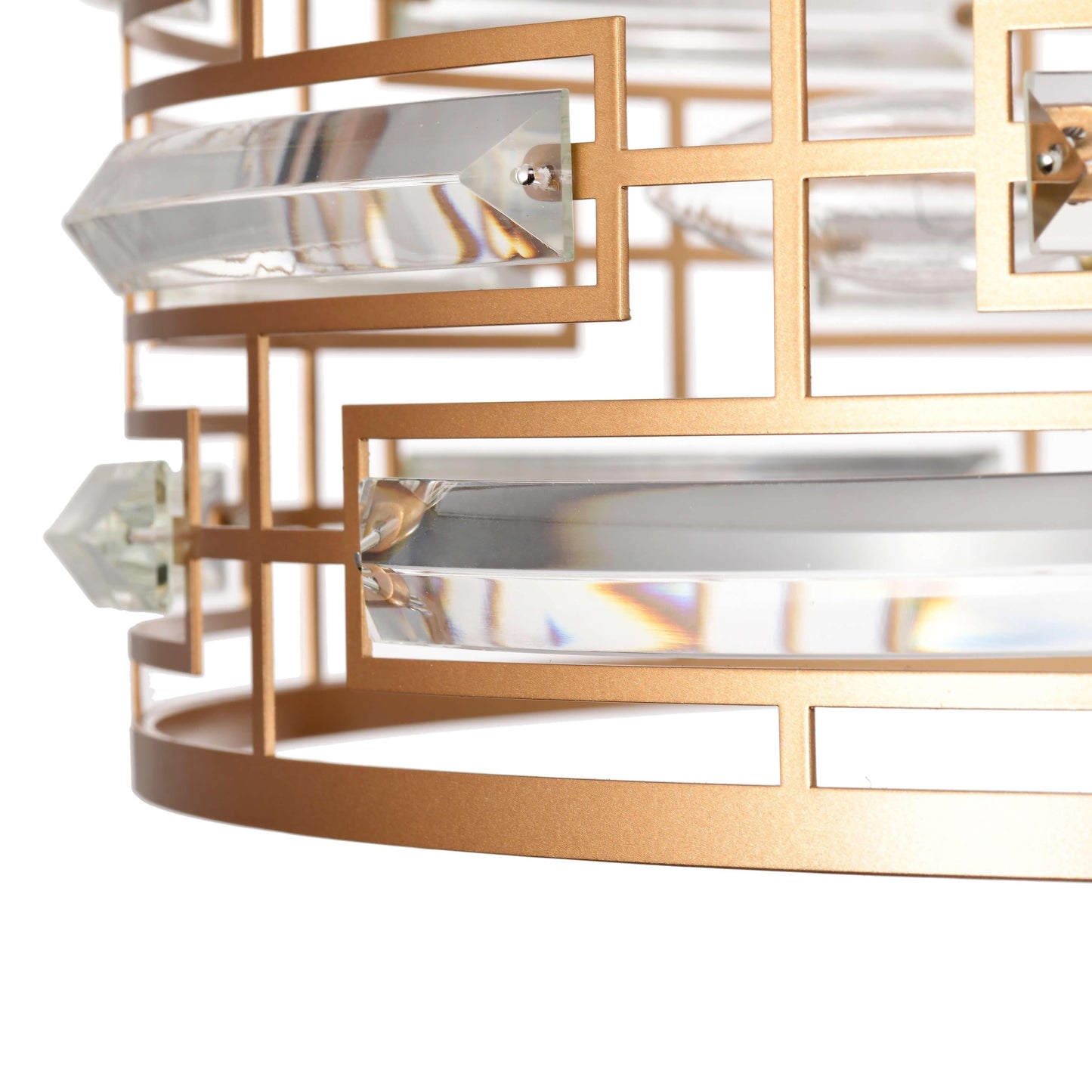 Lampadario Anita con paralume a tamburo e prisma in vetro trasparente