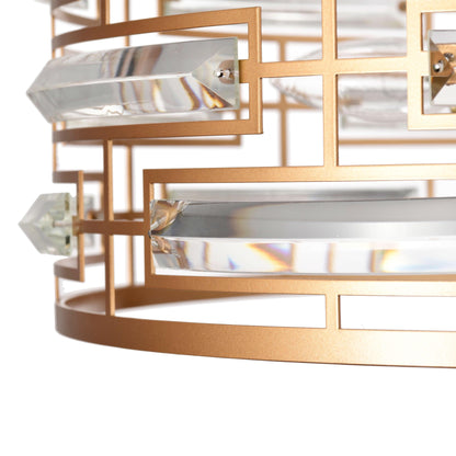 Lampadario Anita con paralume a tamburo e prisma in vetro trasparente