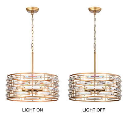 Lampadario Anita con paralume a tamburo e prisma in vetro trasparente