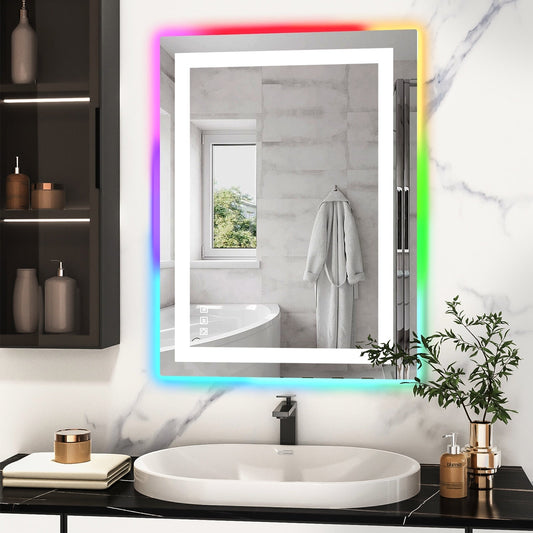 Specchio da bagno con retroilluminazione RGB e illuminazione frontale a LED, anti-appannamento.