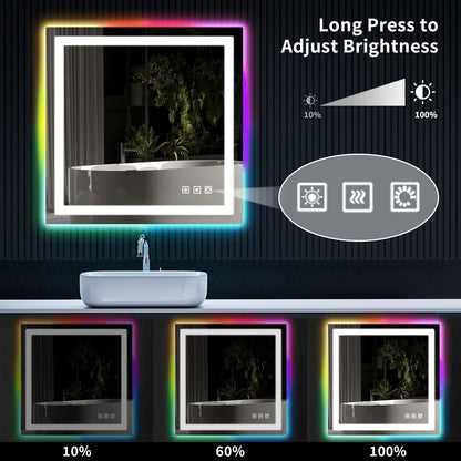 Specchio da bagno con retroilluminazione RGB e illuminazione frontale a LED, anti-appannamento.