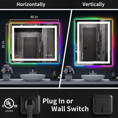 Specchio da bagno con retroilluminazione RGB e illuminazione frontale a LED, anti-appannamento.