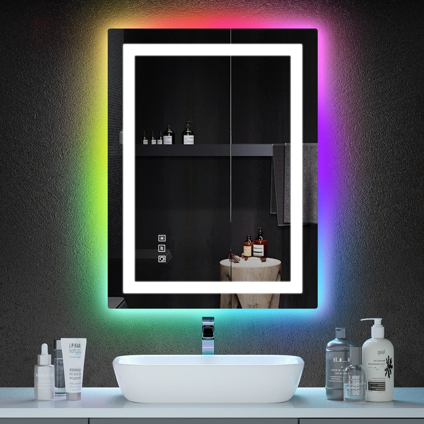 Specchio da bagno con retroilluminazione RGB e illuminazione frontale a LED, anti-appannamento.