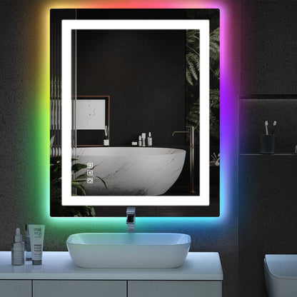 Specchio da bagno con retroilluminazione RGB e illuminazione frontale a LED, anti-appannamento.