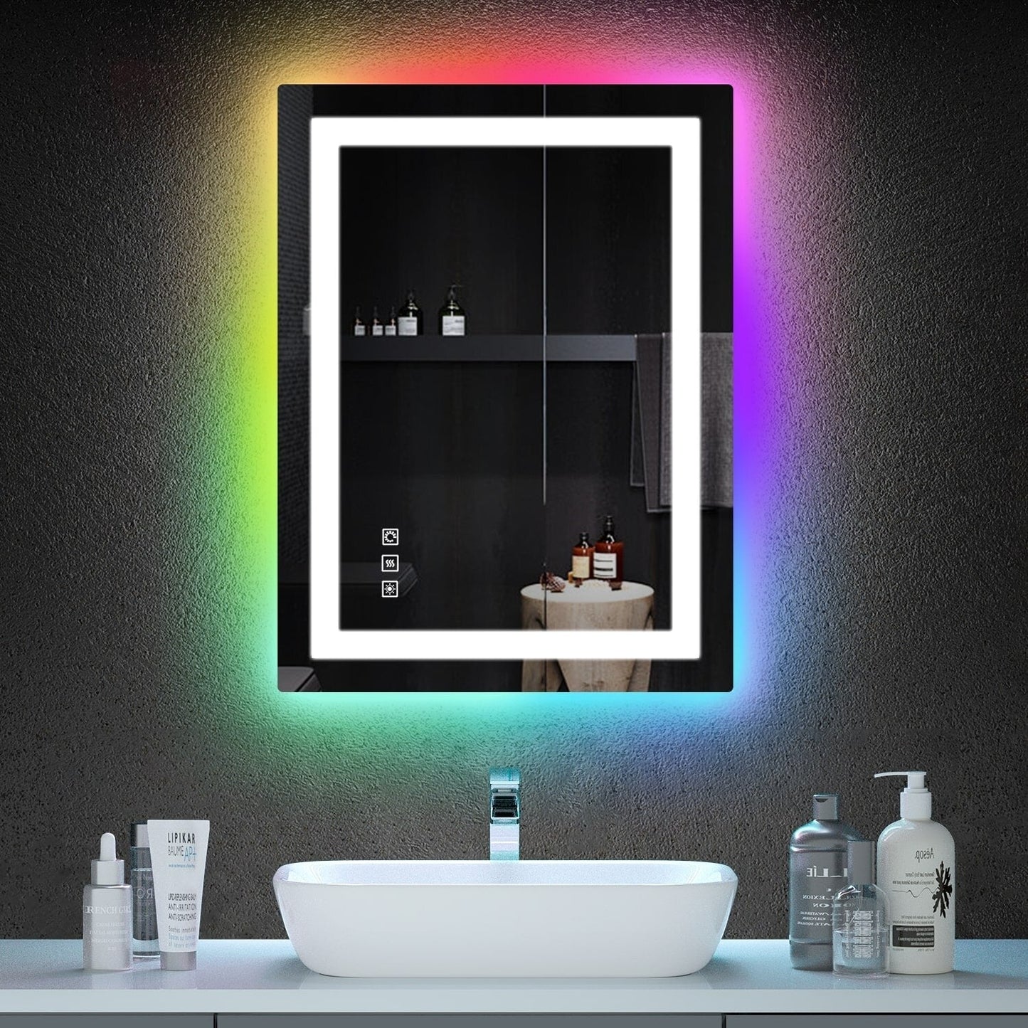 Specchio da bagno con retroilluminazione RGB e illuminazione frontale a LED, anti-appannamento.