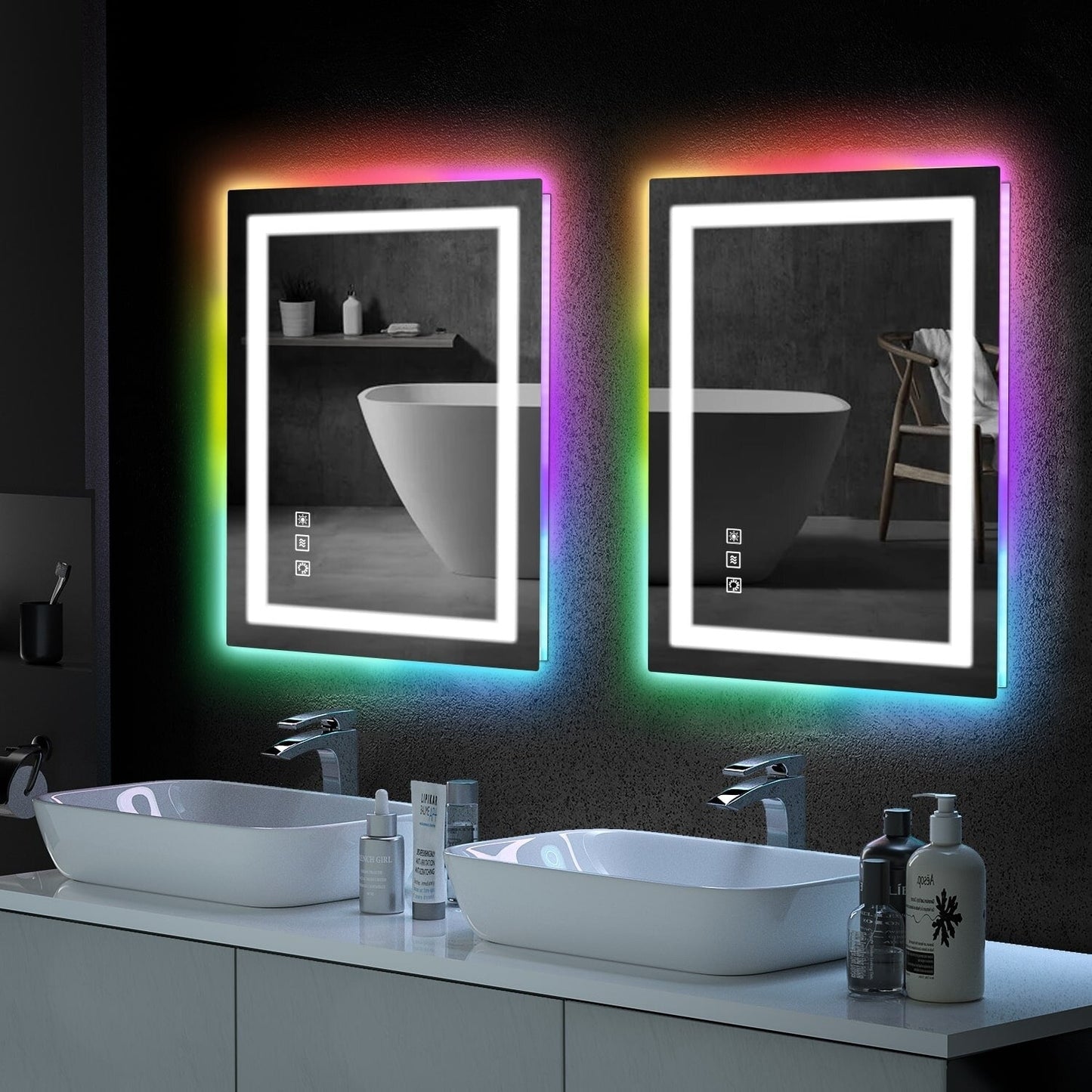 Specchio da bagno con retroilluminazione RGB e illuminazione frontale a LED, anti-appannamento.