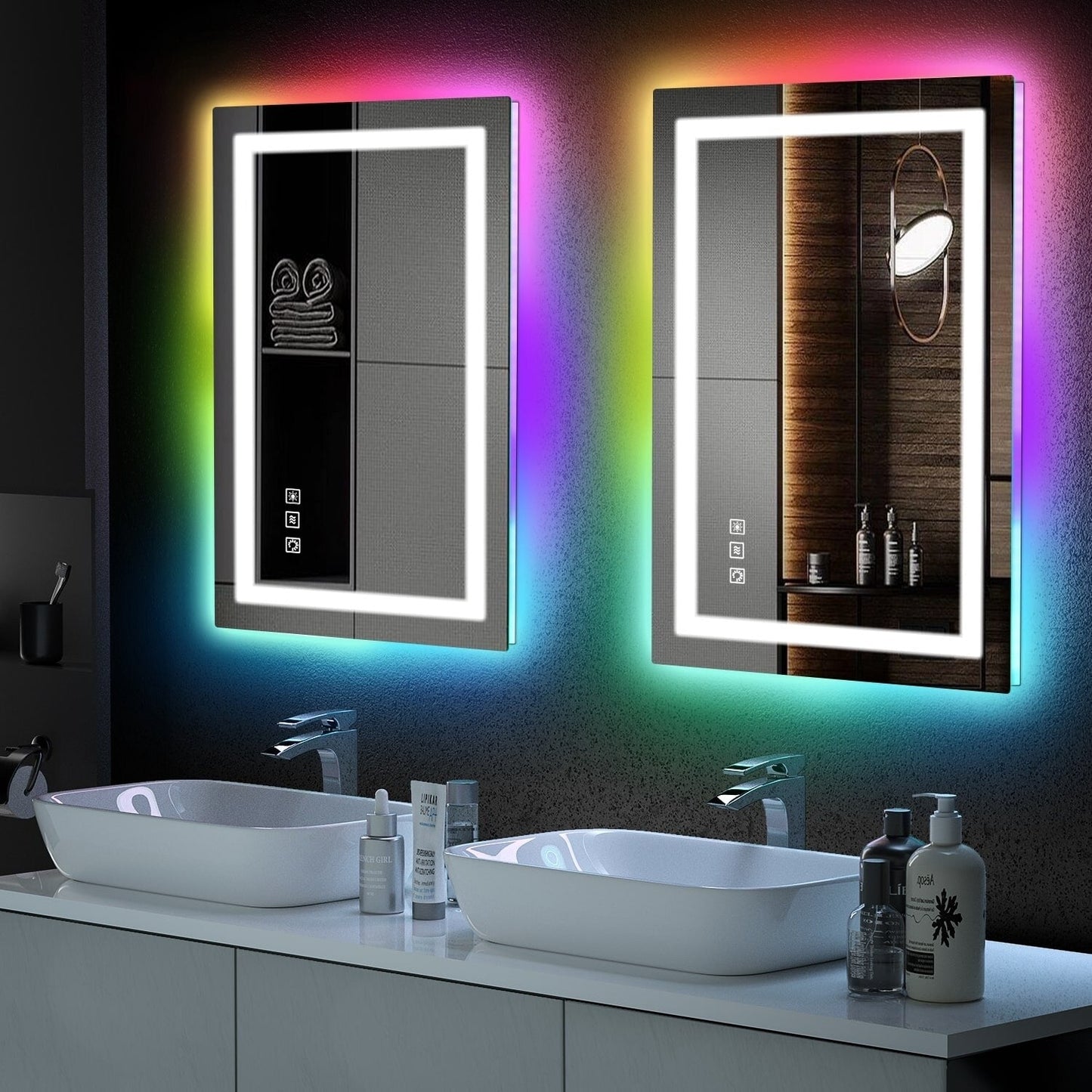Specchio da bagno con retroilluminazione RGB e illuminazione frontale a LED, anti-appannamento.