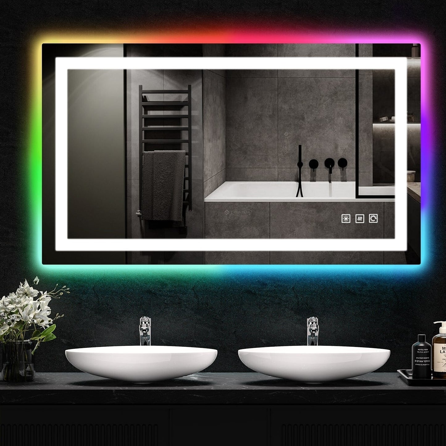 Specchio da bagno con retroilluminazione RGB e illuminazione frontale a LED, anti-appannamento.