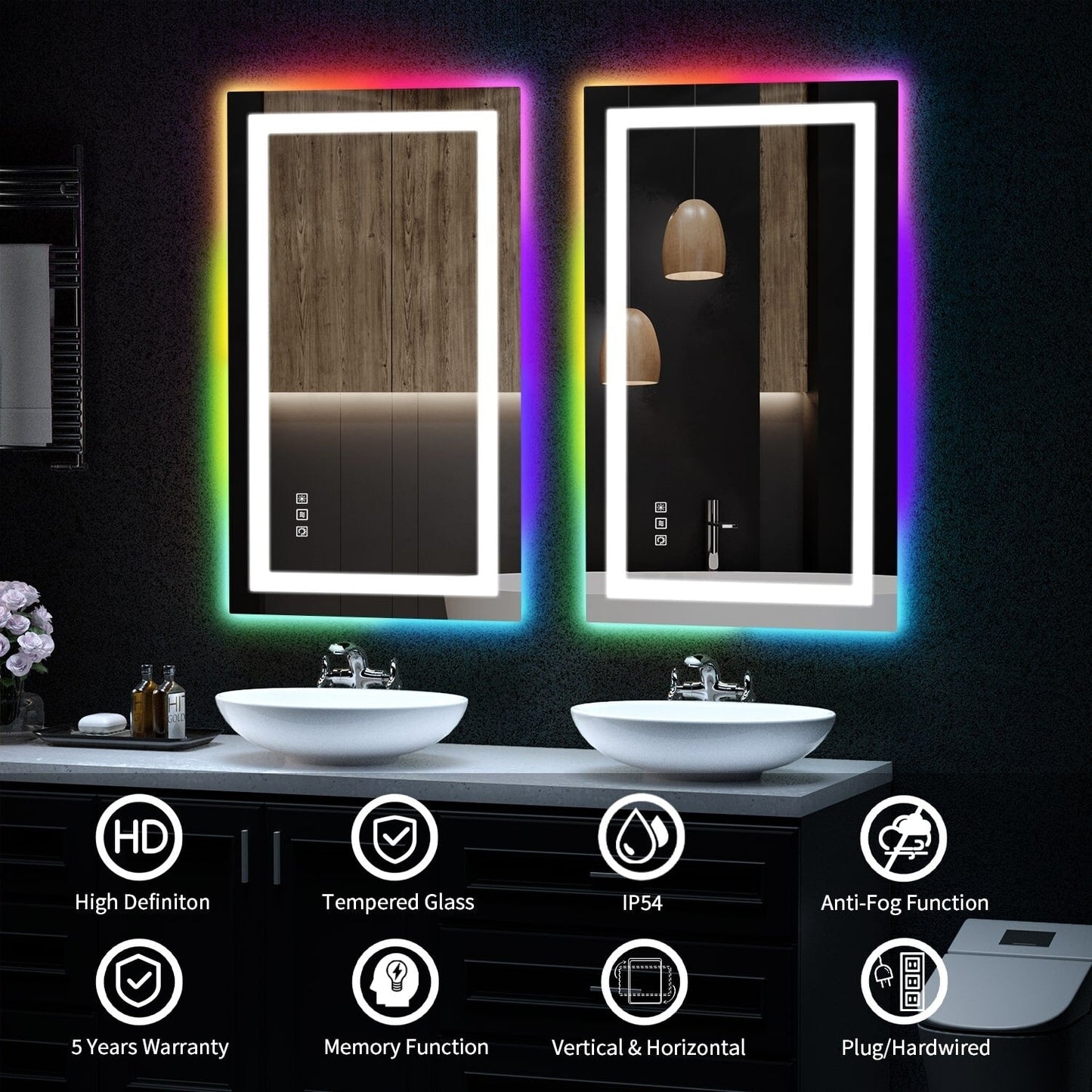 Specchio da bagno con retroilluminazione RGB e illuminazione frontale a LED, anti-appannamento.