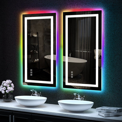 Specchio da bagno con retroilluminazione RGB e illuminazione frontale a LED, anti-appannamento.