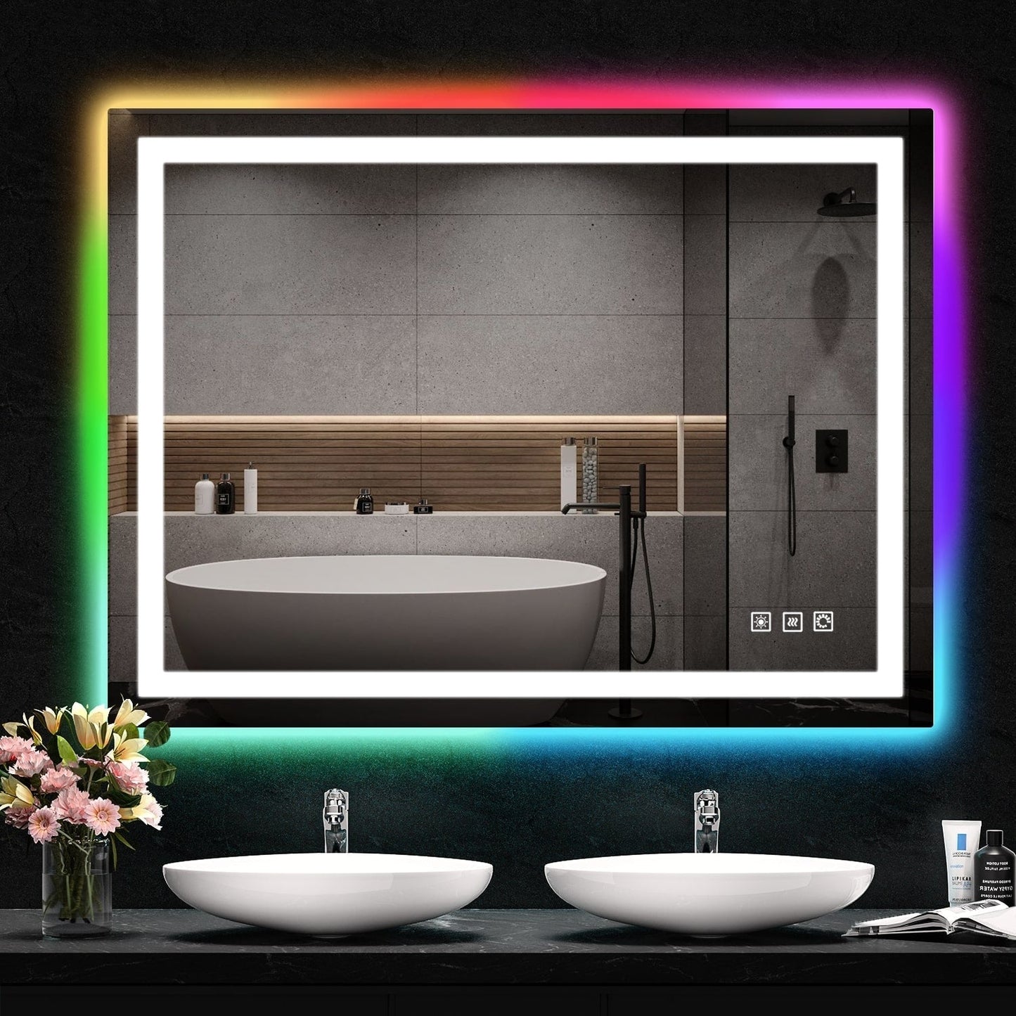 Specchio da bagno con retroilluminazione RGB e illuminazione frontale a LED, anti-appannamento.