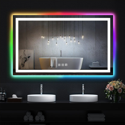 Specchio da bagno con retroilluminazione RGB e illuminazione frontale a LED, anti-appannamento.