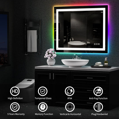 Specchio da bagno con retroilluminazione RGB e illuminazione frontale a LED, anti-appannamento.
