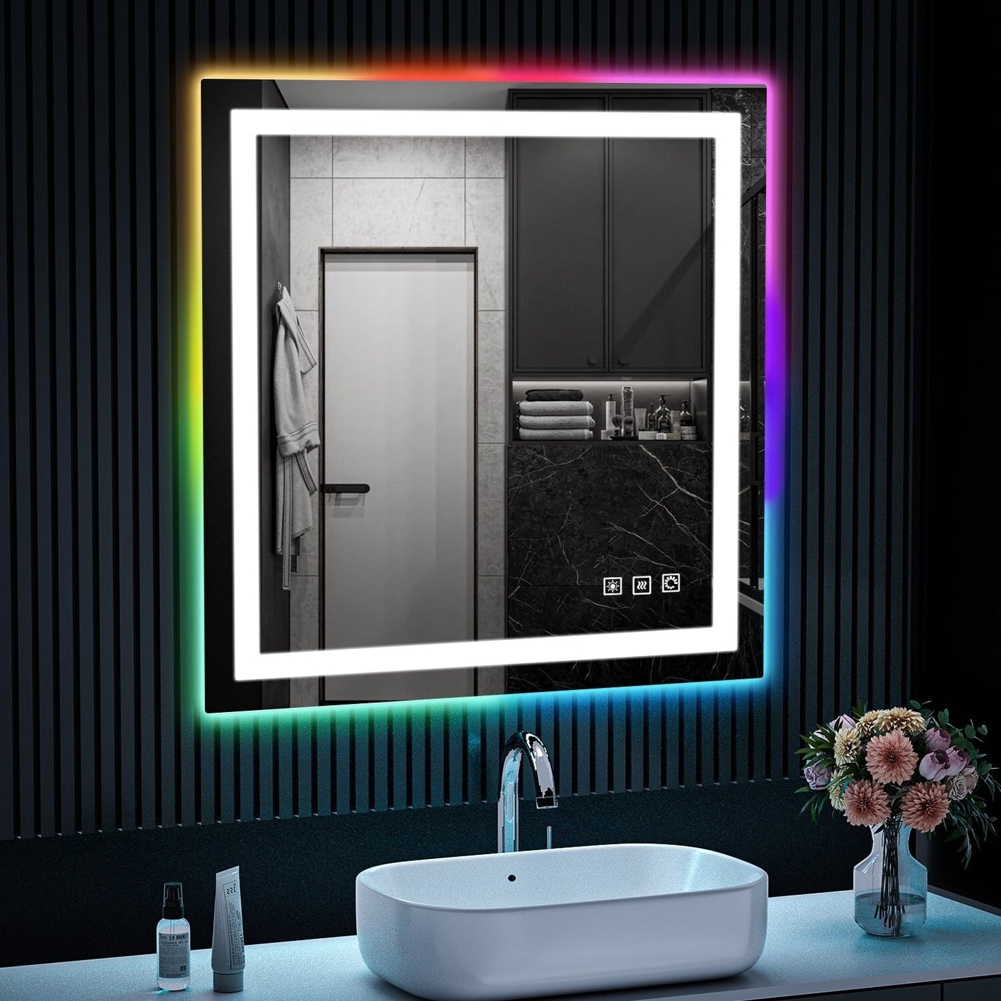 Specchio da bagno con retroilluminazione RGB e illuminazione frontale a LED, anti-appannamento.