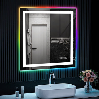 Specchio da bagno con retroilluminazione RGB e illuminazione frontale a LED, anti-appannamento.