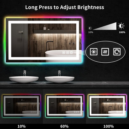 Specchio da bagno con retroilluminazione RGB e illuminazione frontale a LED, anti-appannamento.