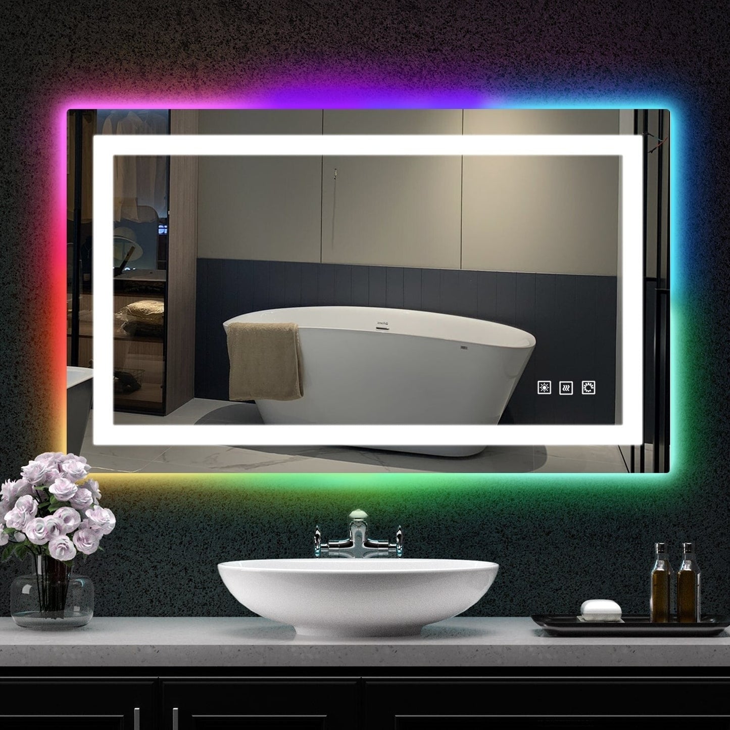 Specchio da bagno con retroilluminazione RGB e illuminazione frontale a LED, anti-appannamento.