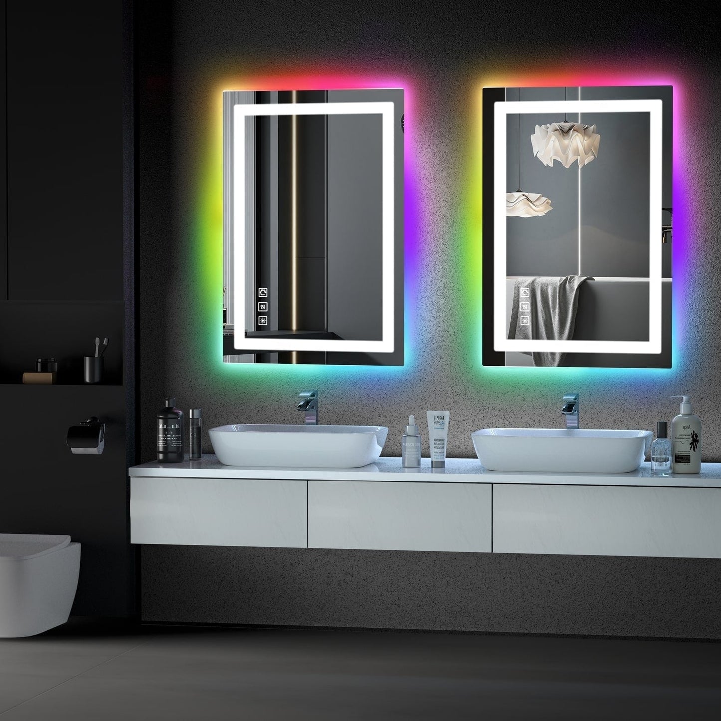 Specchio da bagno con retroilluminazione RGB e illuminazione frontale a LED, anti-appannamento.