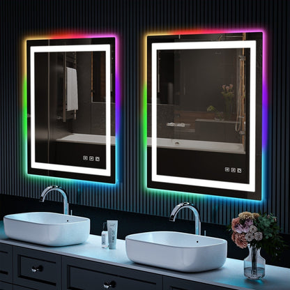 Specchio da bagno con retroilluminazione RGB e illuminazione frontale a LED, anti-appannamento.
