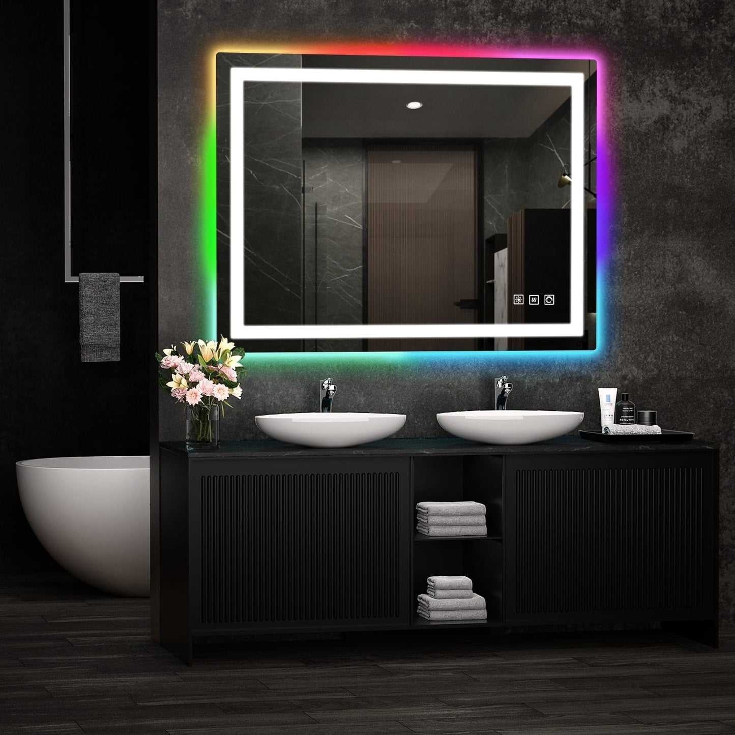 Specchio da bagno con retroilluminazione RGB e illuminazione frontale a LED, anti-appannamento.