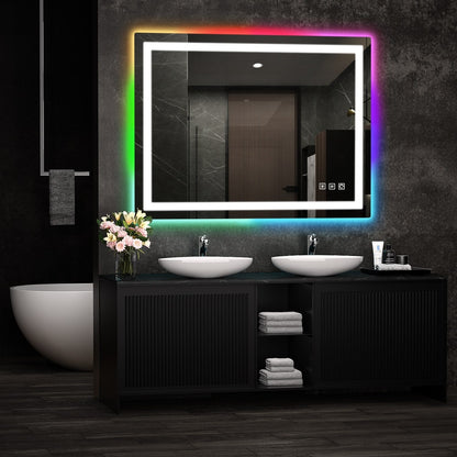 Specchio da bagno con retroilluminazione RGB e illuminazione frontale a LED, anti-appannamento.