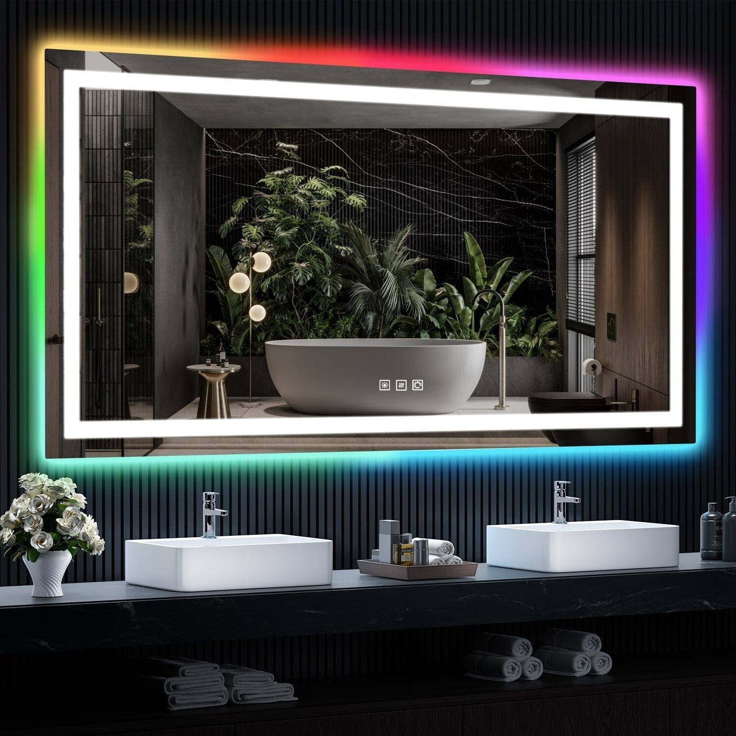 Specchio da bagno con retroilluminazione RGB e illuminazione frontale a LED, anti-appannamento.