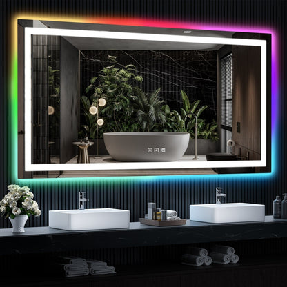 Specchio da bagno con retroilluminazione RGB e illuminazione frontale a LED, anti-appannamento.