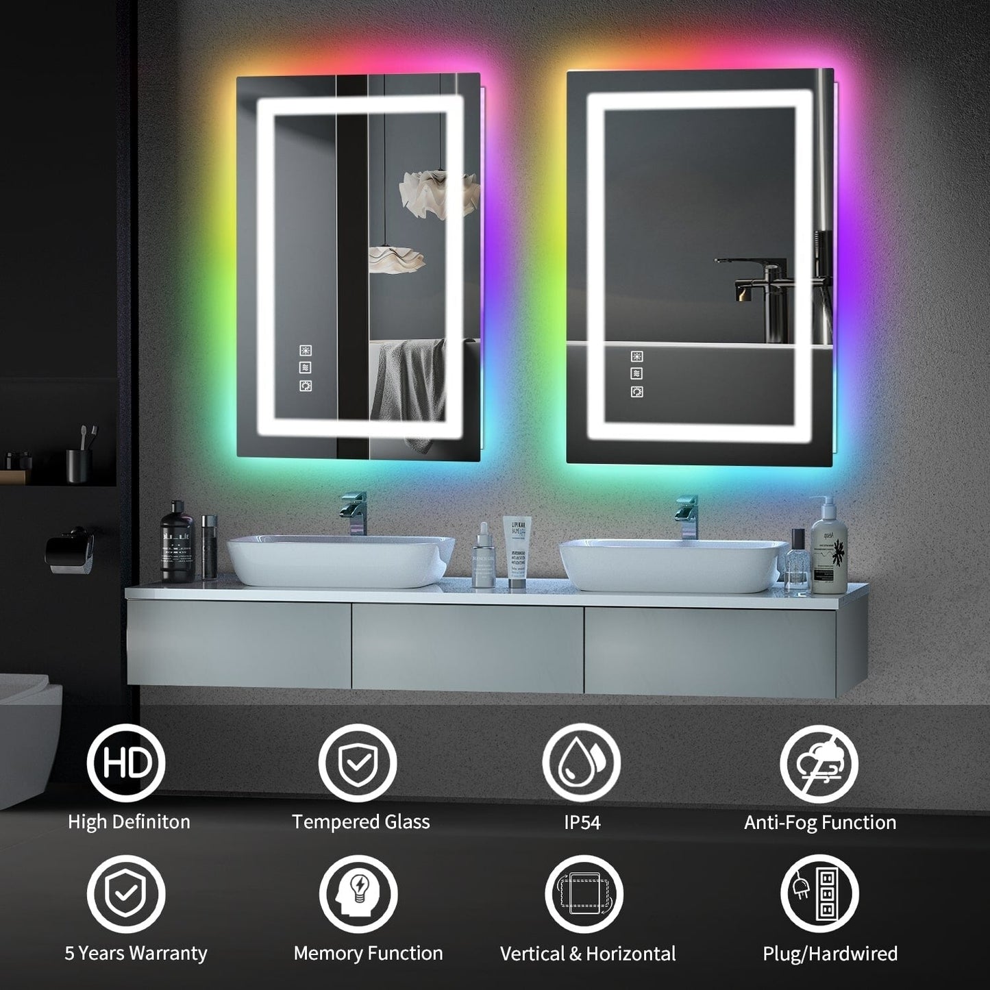 Specchio da bagno con retroilluminazione RGB e illuminazione frontale a LED, anti-appannamento.