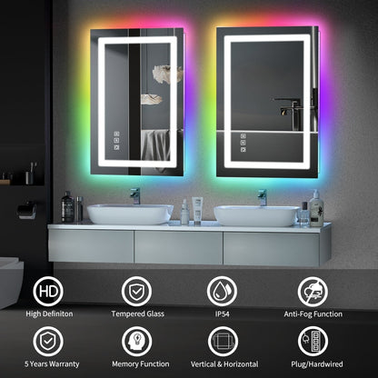 Specchio da bagno con retroilluminazione RGB e illuminazione frontale a LED, anti-appannamento.