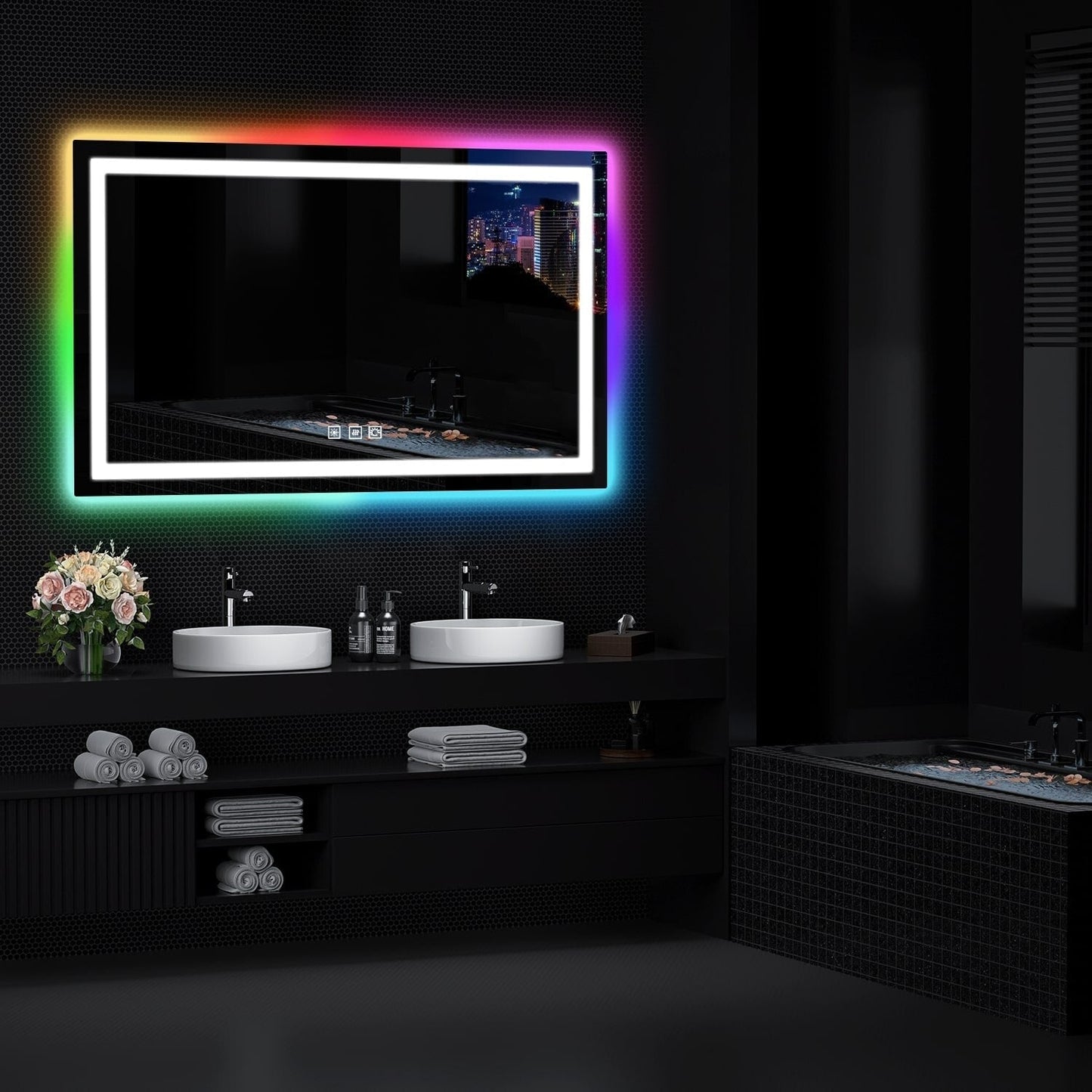 Specchio da bagno con retroilluminazione RGB e illuminazione frontale a LED, anti-appannamento.