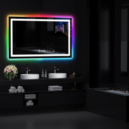 Specchio da bagno con retroilluminazione RGB e illuminazione frontale a LED, anti-appannamento.